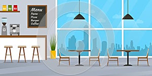 Cafe or restaurant interior design with coffee shop, bar counter and window. Vector illustration